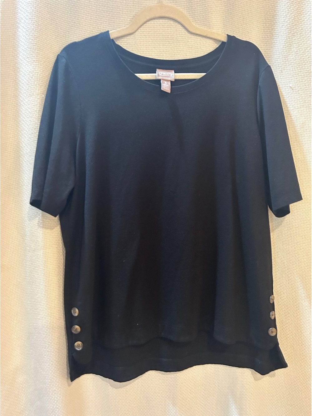 Chico's Black Short Sleeve Button Detail Top Size 3